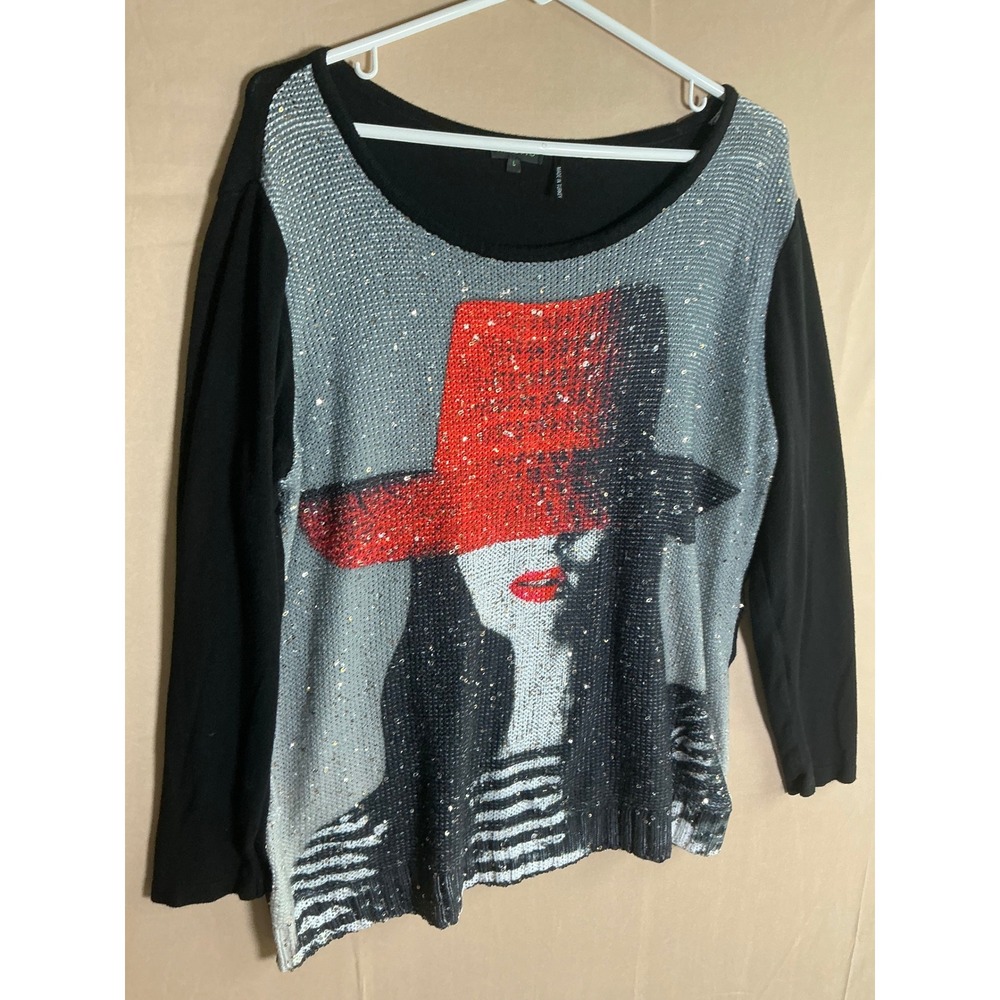 Tricotto Womens Large Black Red Hat‎ Sequin Graphic Long Sleeve Knit Top Turkey - Picture 4 of 11